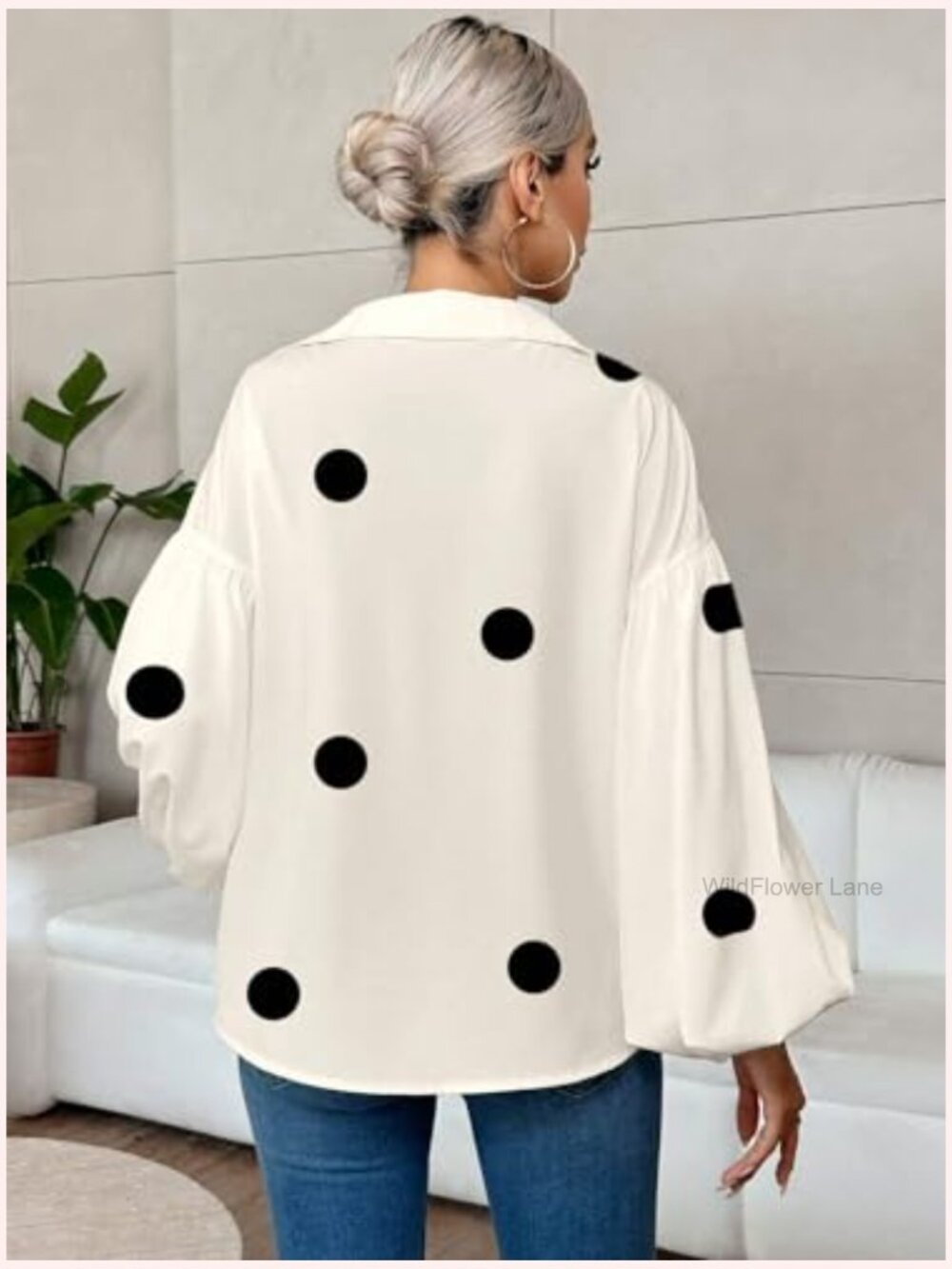 V Neck Loose Blouse Long Puff Sleeve Shirt Polka Dots Print Tops - Picture 3 of 3